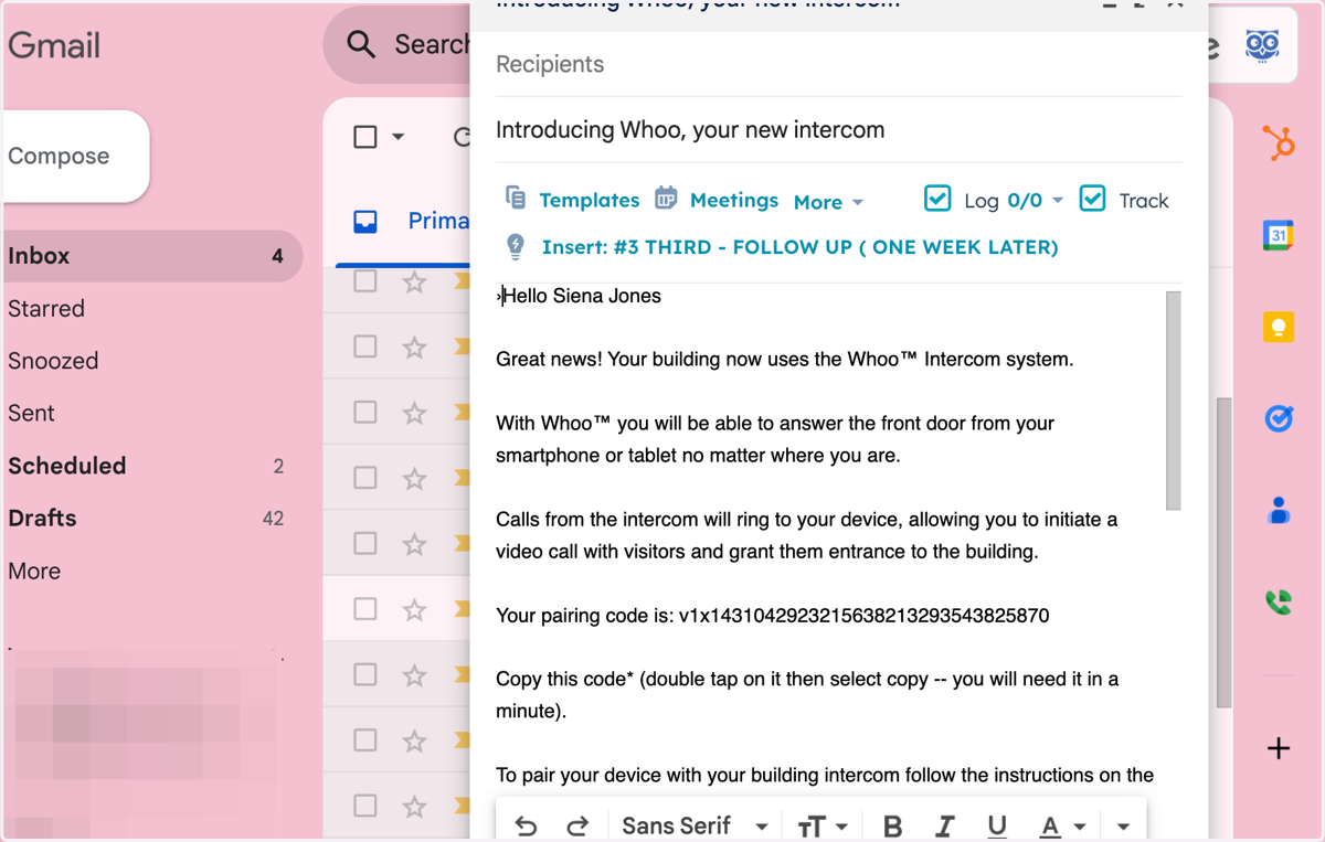 This action will open your email and automatically populate an email with all the information the tenant needs to pair their phone to the intercom system.