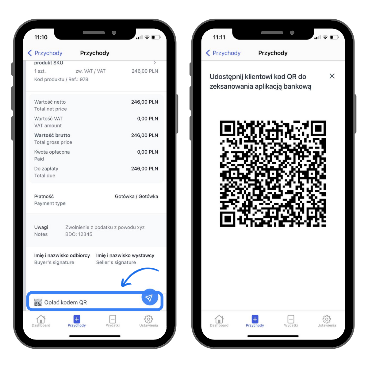 Jeśli masz włączoną opcję Pokazuj QR kody w przeglądarkowej wersji systemu, to będą one widoczne również w aplikacji mobilnej na samym dole wystawionego dokumentu. QR kod będzie widoczny po stuknięciu funkcji Opłać kodem QR.