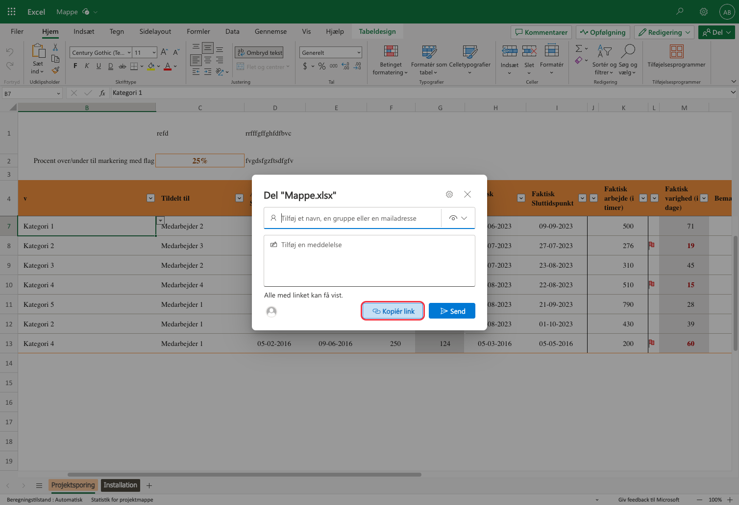 An Excel spreadsheet titled 'Mappe.xlsx' is open with a 'Share' dialog box overlaid, prompting to enter a name or email address and an option to copy the link for sharing.