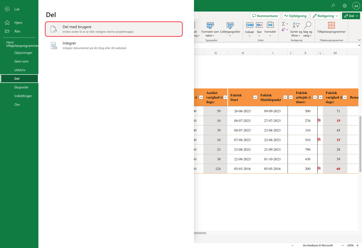 Microsoft Excel interface displaying a menu for sharing options with an open spreadsheet containing project planning details and timelines.