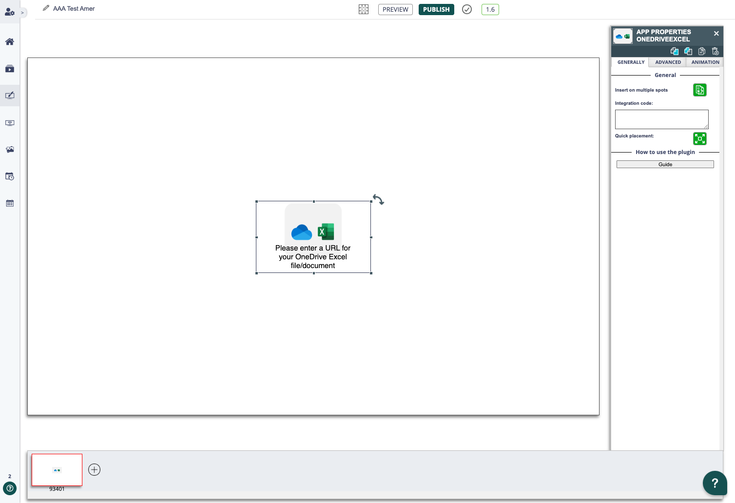 Editing interface with a prompt to enter a URL for a OneDrive Excel document.