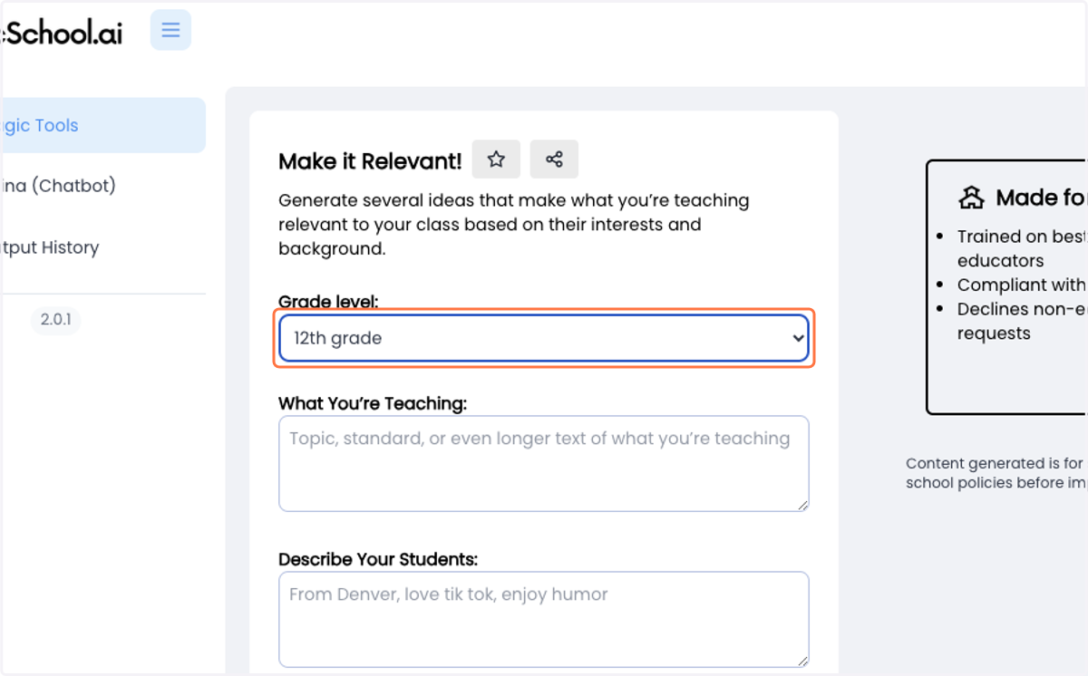 Select grade from Grade level: