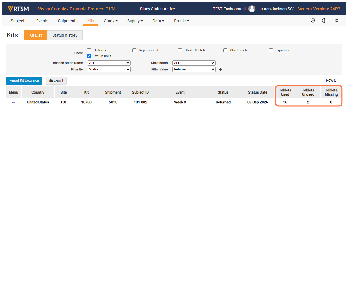 If the study is using content accountability, select Return units to view the specific quantities that were entered