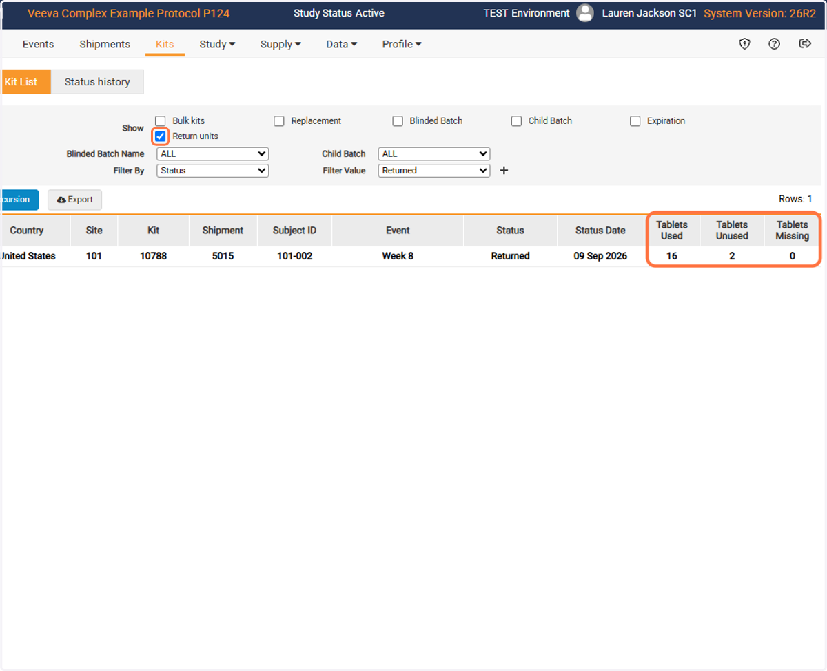 If the study is using content accountability, select Return units to view the specific quantities that were entered