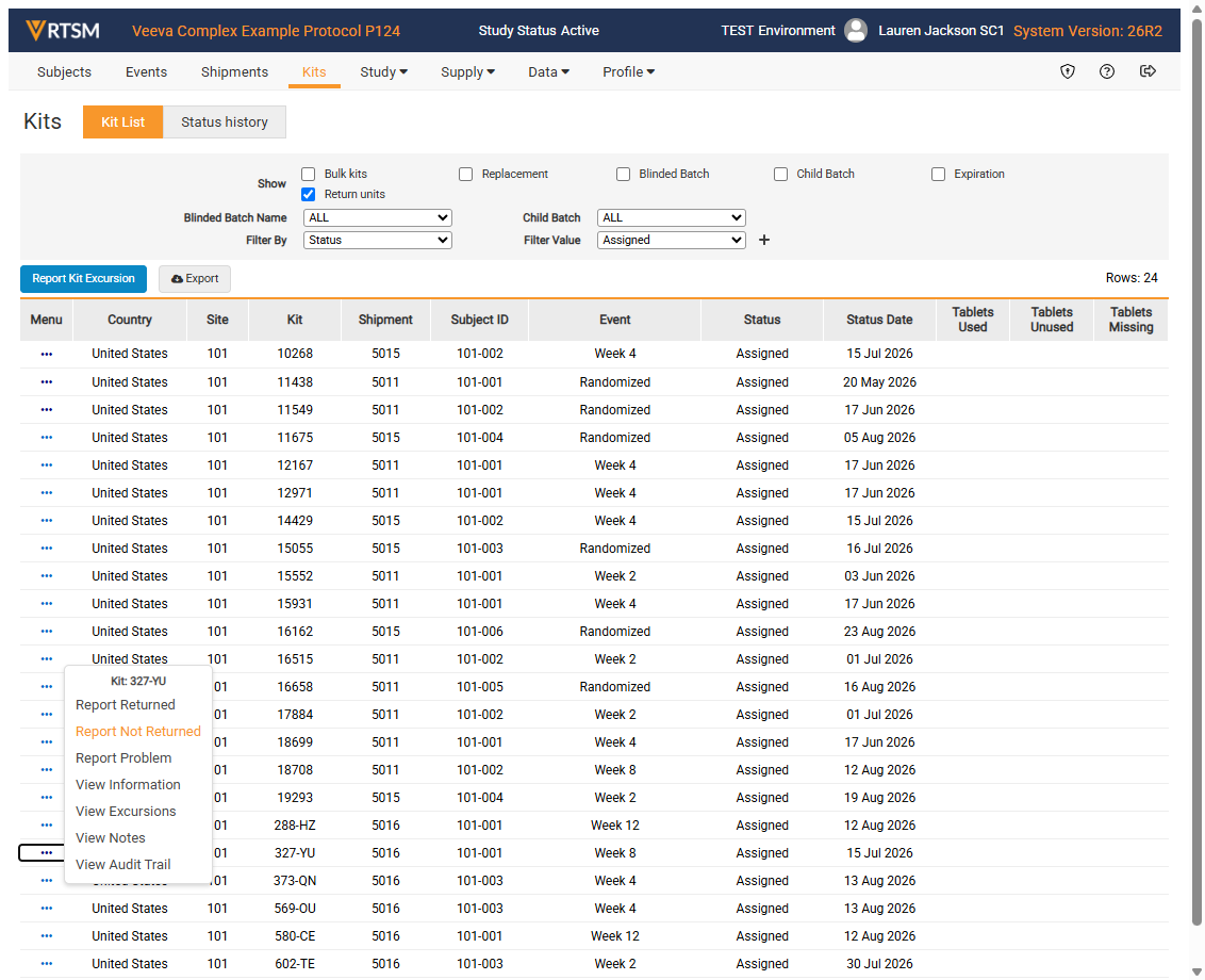 A. From the Kits page, Click on the Kit Task Menu B. Click on Report Not Returned