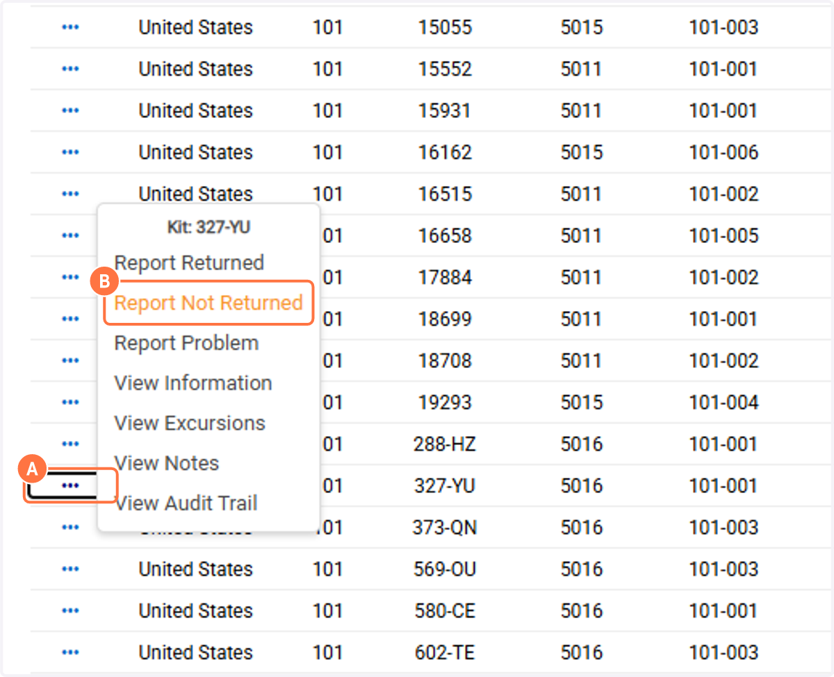A. From the Kits page, Click on the Kit Task Menu B. Click on Report Not Returned