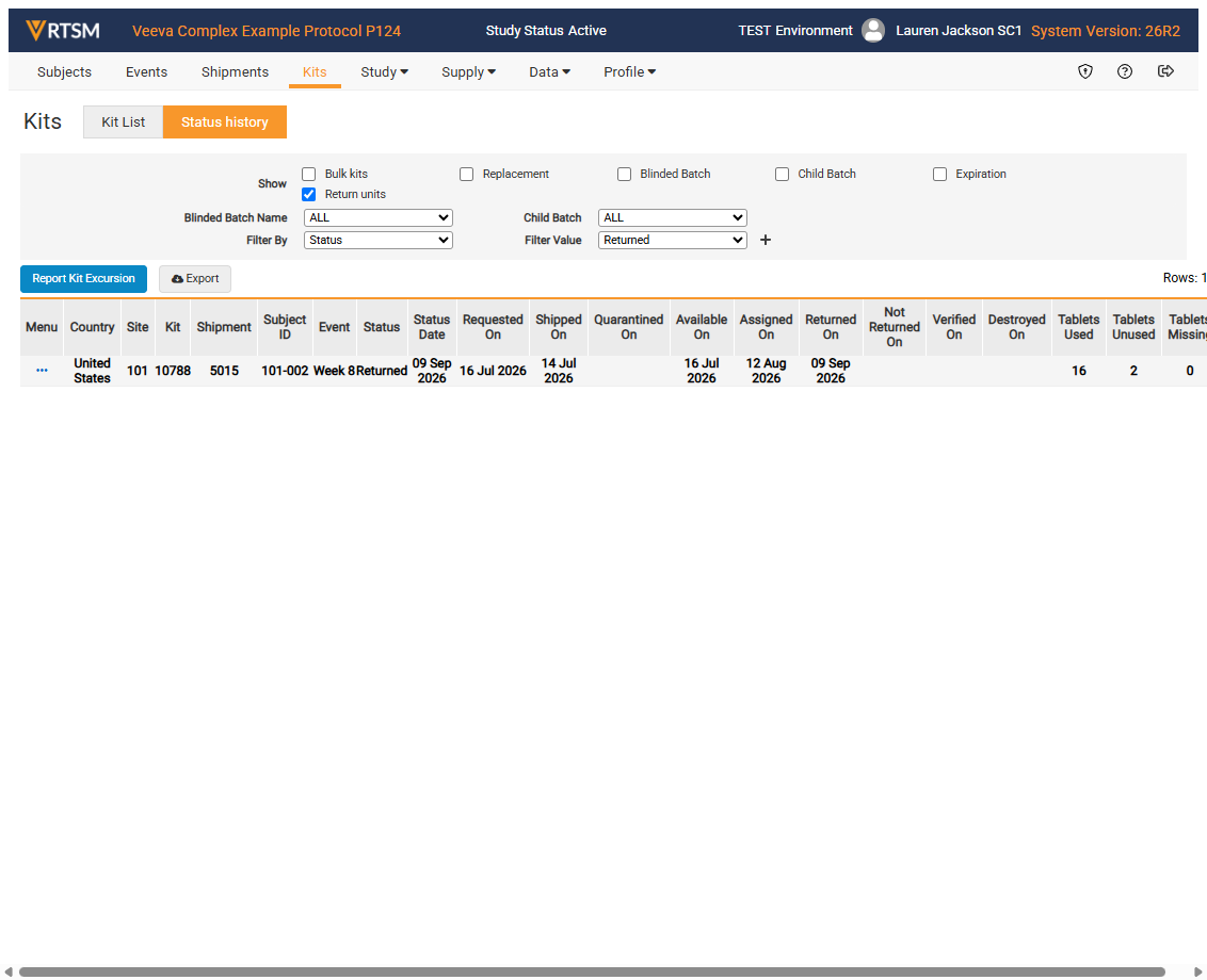 Select Status history to view all of the status dates for a kit
