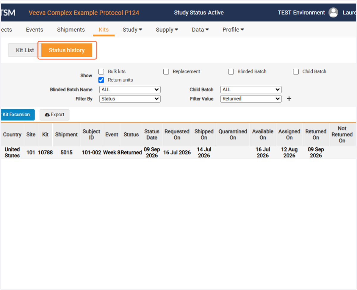 Select Status history to view all of the status dates for a kit
