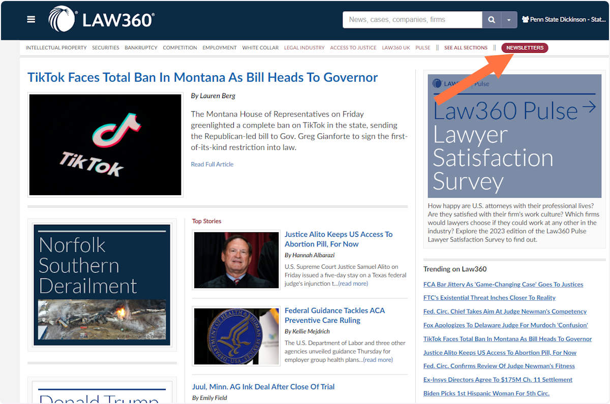 Click on Newsletters in Law360. 