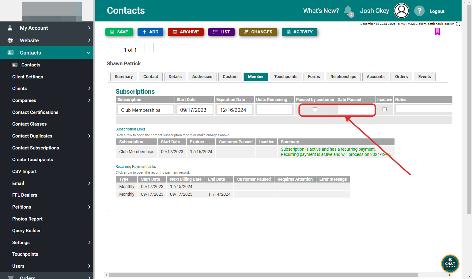 Click on Member Tab