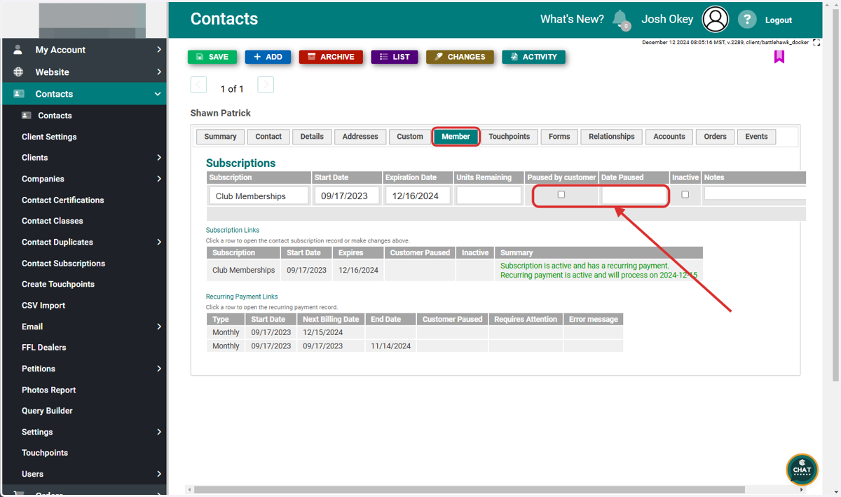 Click on Member Tab