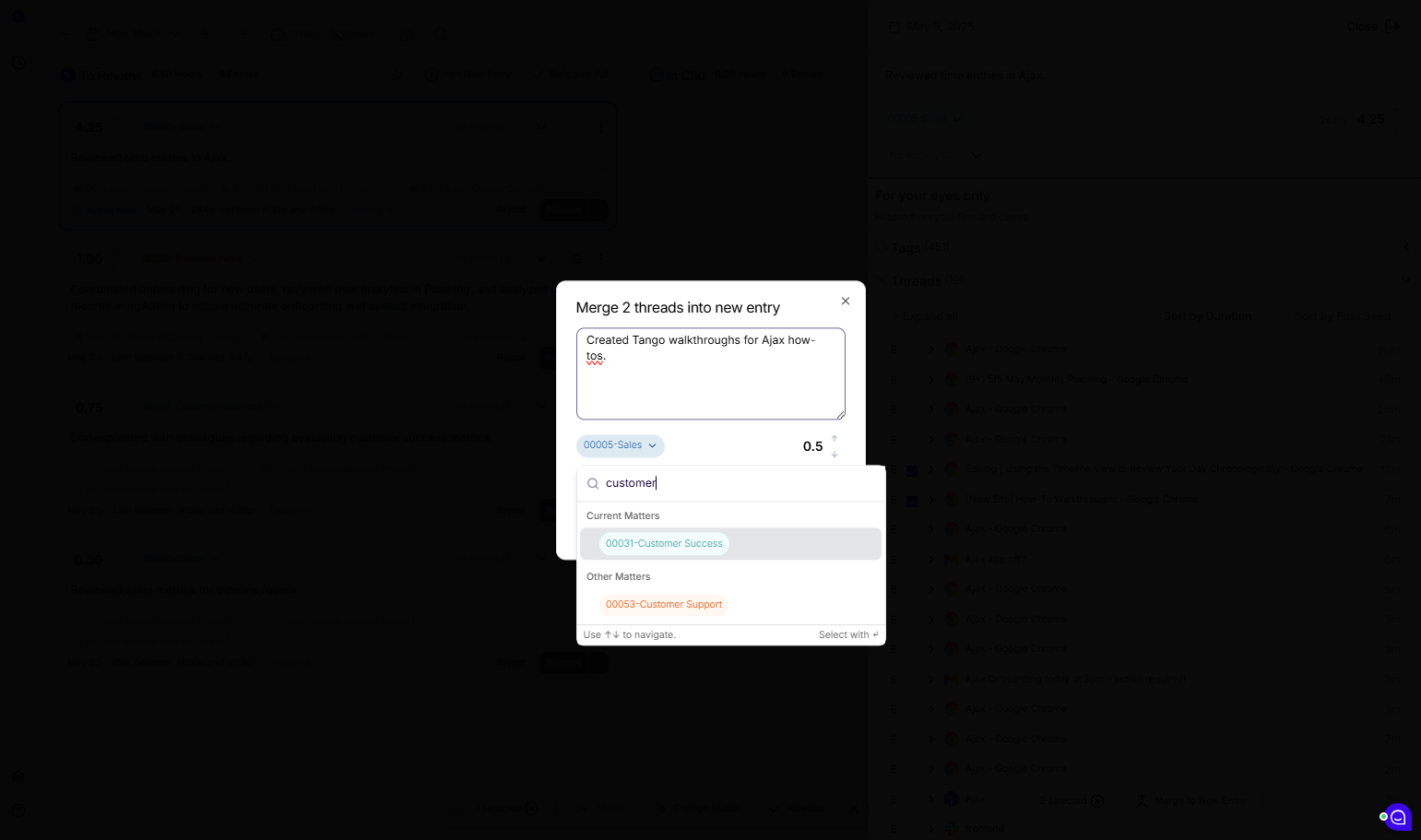 ... And select a new matter by clicking the matter pill and typing in your desired matter