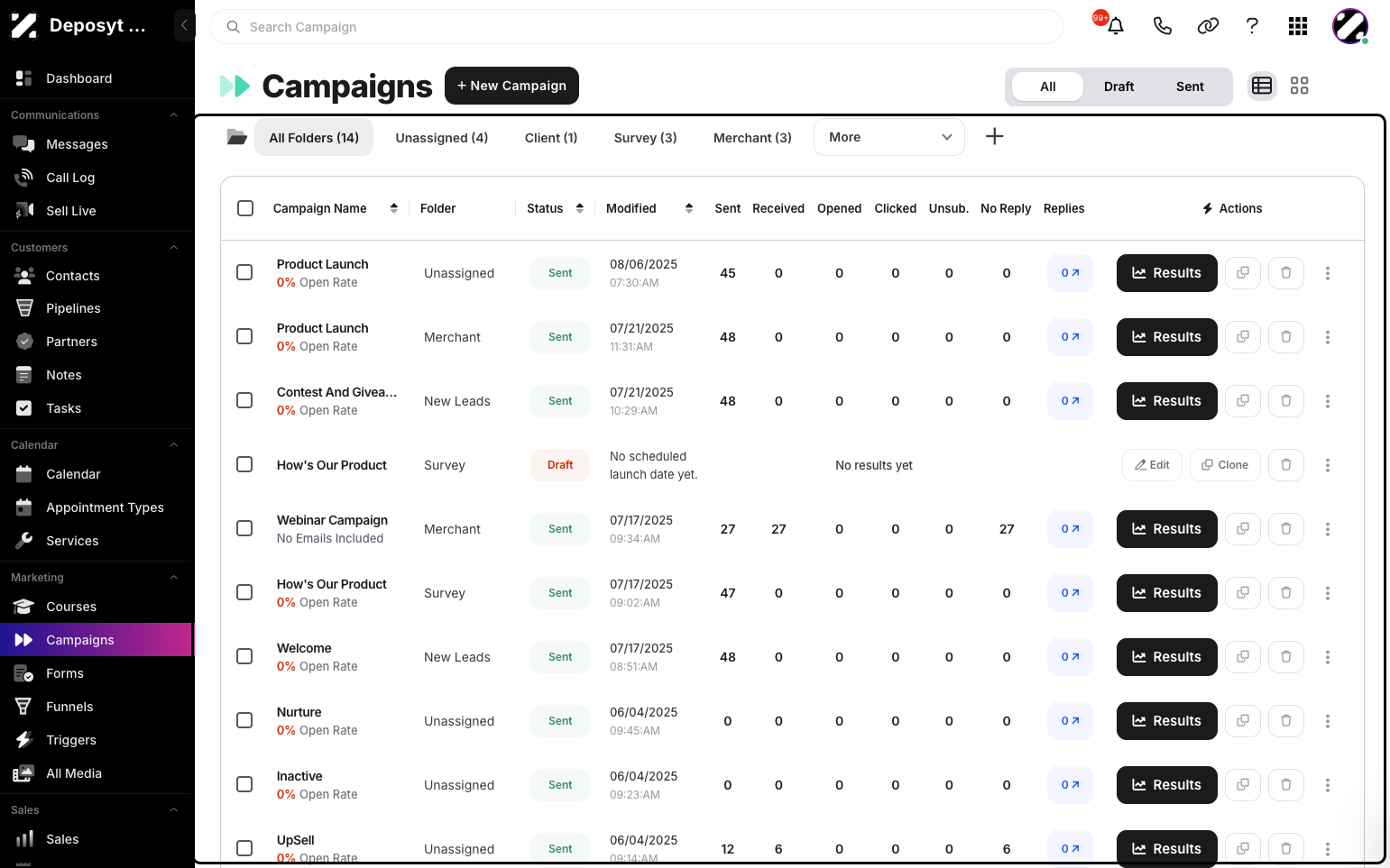 Step 2: You will then be navigated to Campaigns.The default view of the Campaigns section is the Table View, where items are displayed in a vertical list or table format.