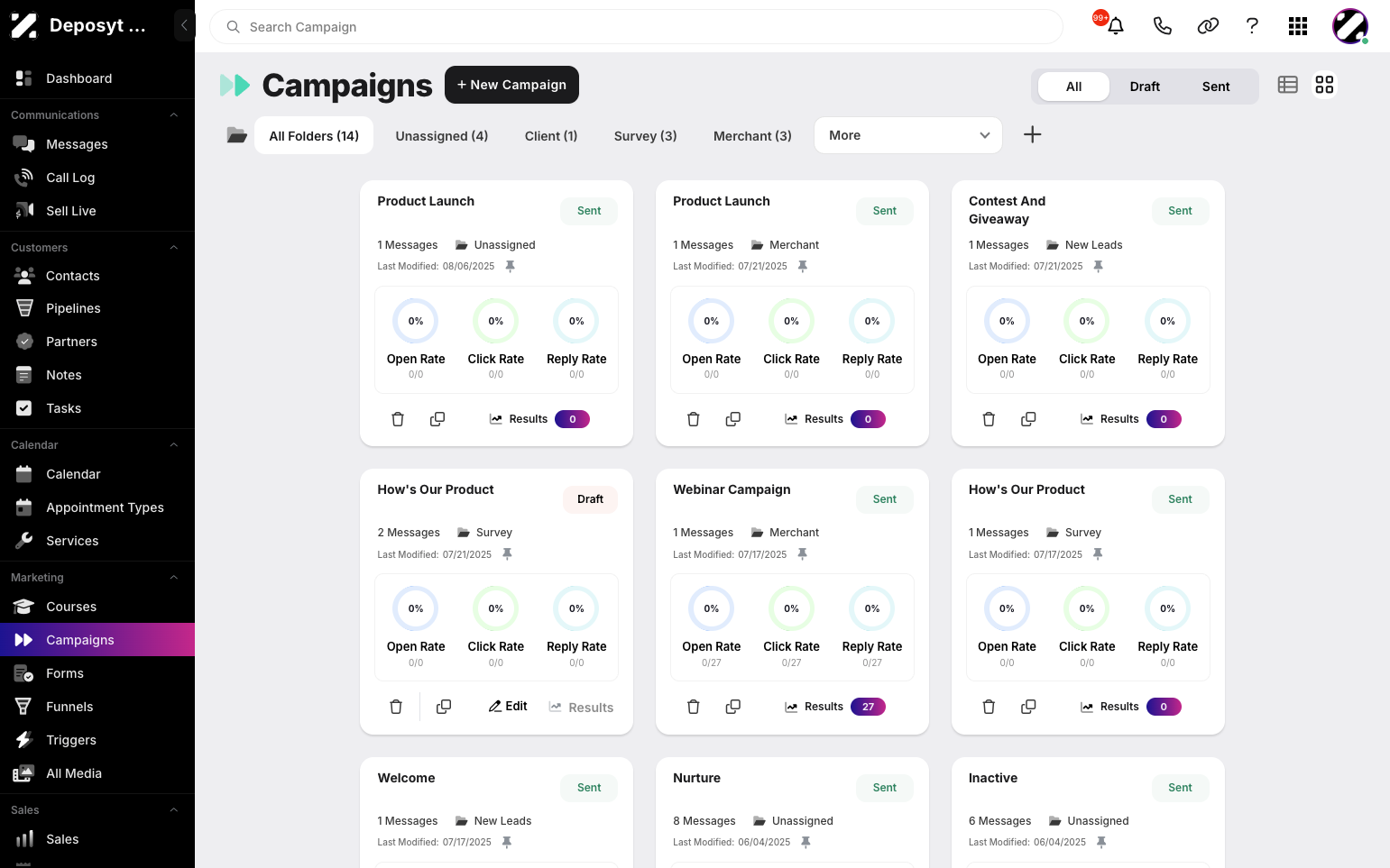 Step 5: You will be taken to the Campaigns section in Card View. In this view, items are displayed as separate visual blocks or cards.