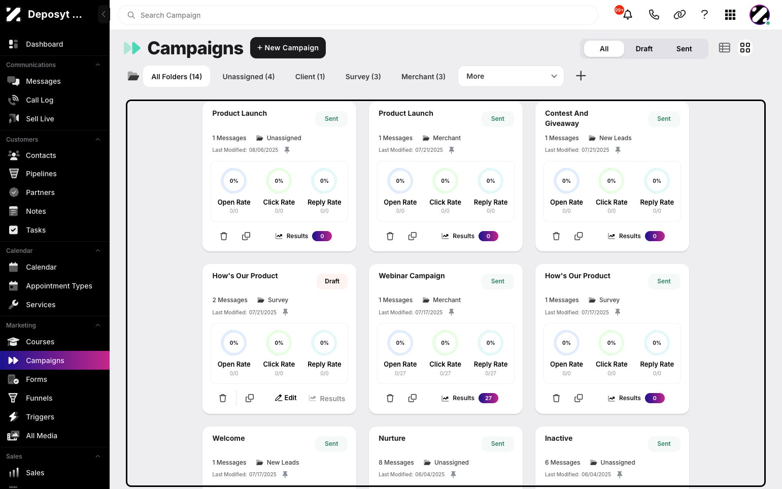Step 5: You will be taken to the Campaigns section in Card View. In this view, items are displayed as separate visual blocks or cards.