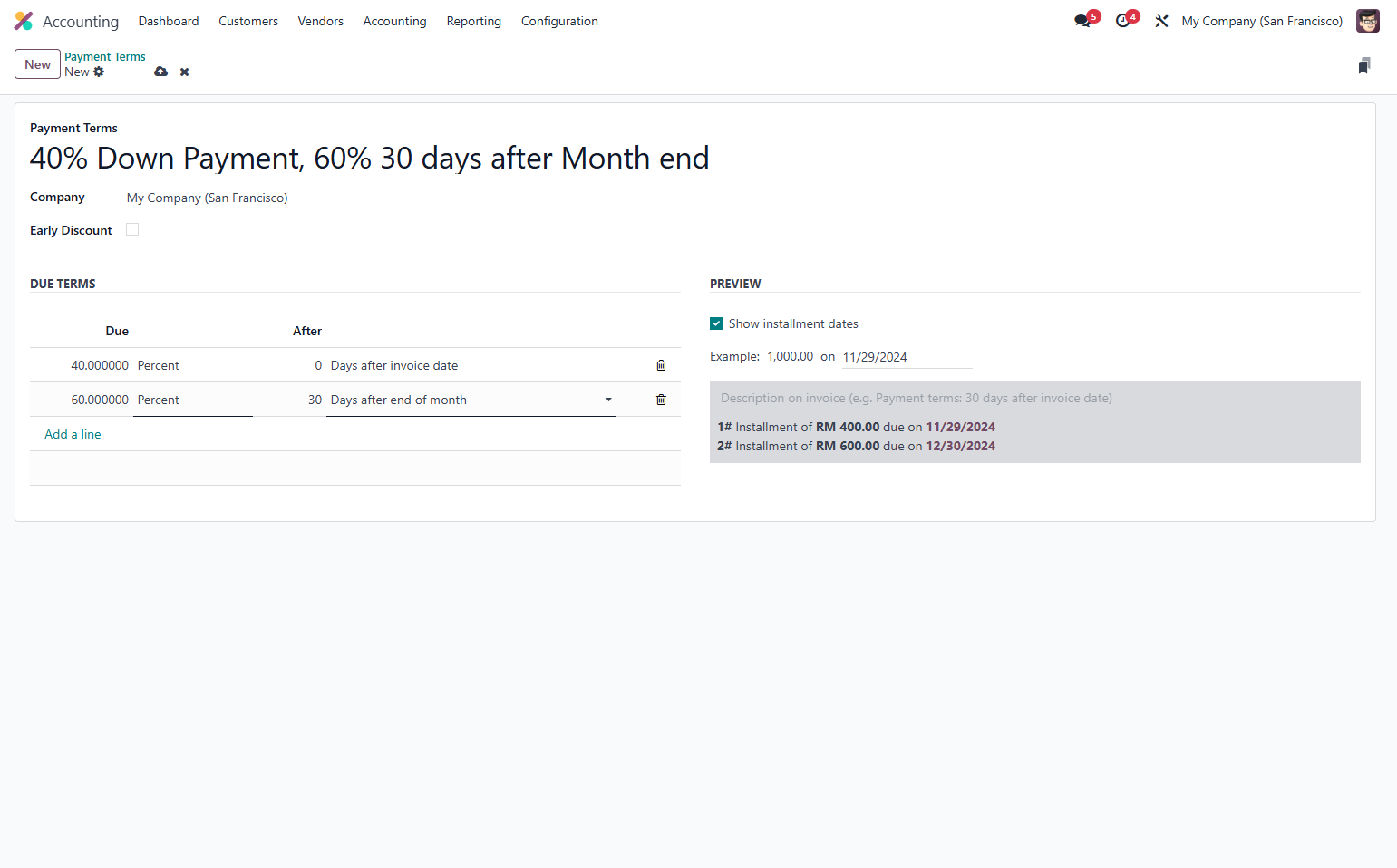 Example of the payment terms installment will be generated.