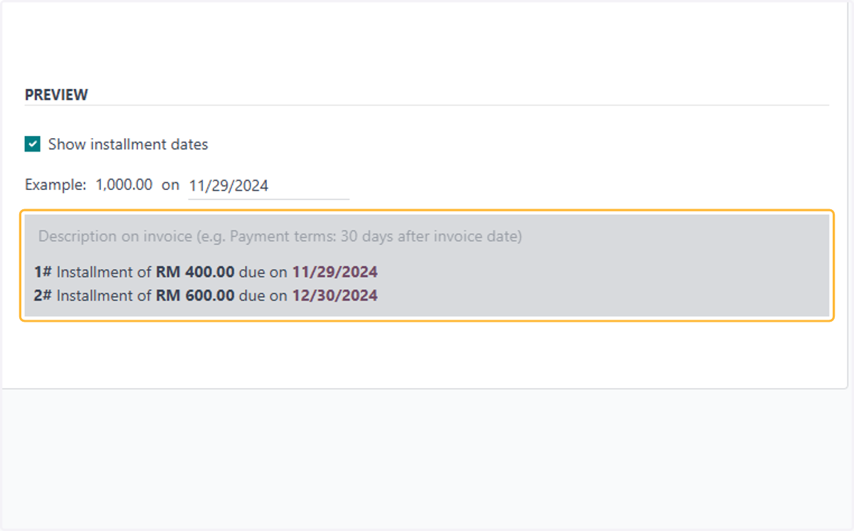 Example of the payment terms installment will be generated.