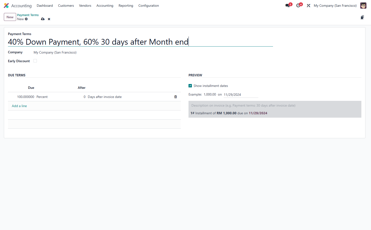 Name of payment terms. For example, "40% Down Payment, 60% 30 days after Month end"