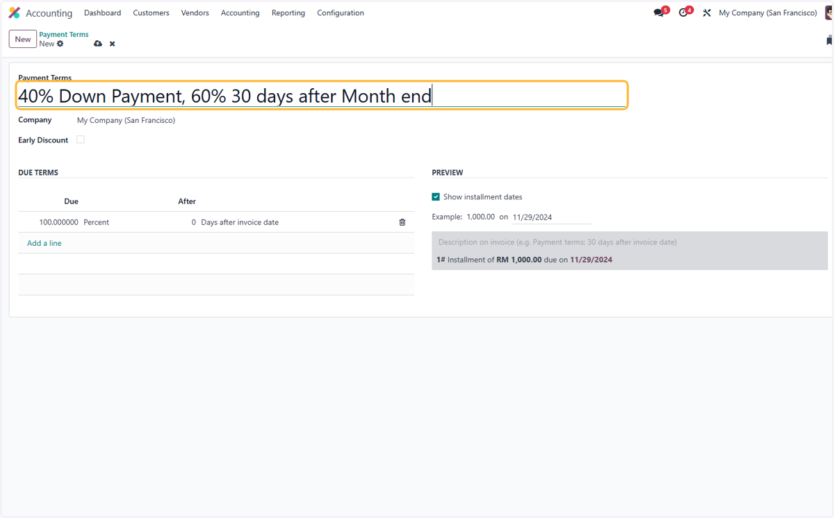 Name of payment terms. For example, "40% Down Payment, 60% 30 days after Month end"