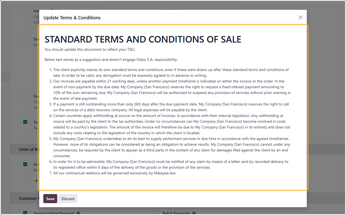 Standard T&C has been provided & its fully editable .Click on Update Terms & Conditions…