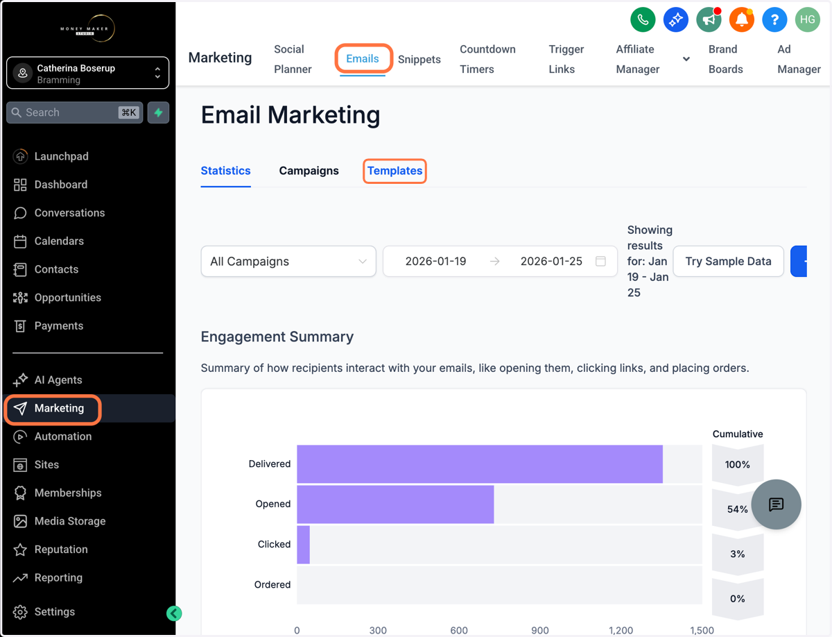 Gå til Marketing - Emails og klik på fanen "Templates/Skabeloner"