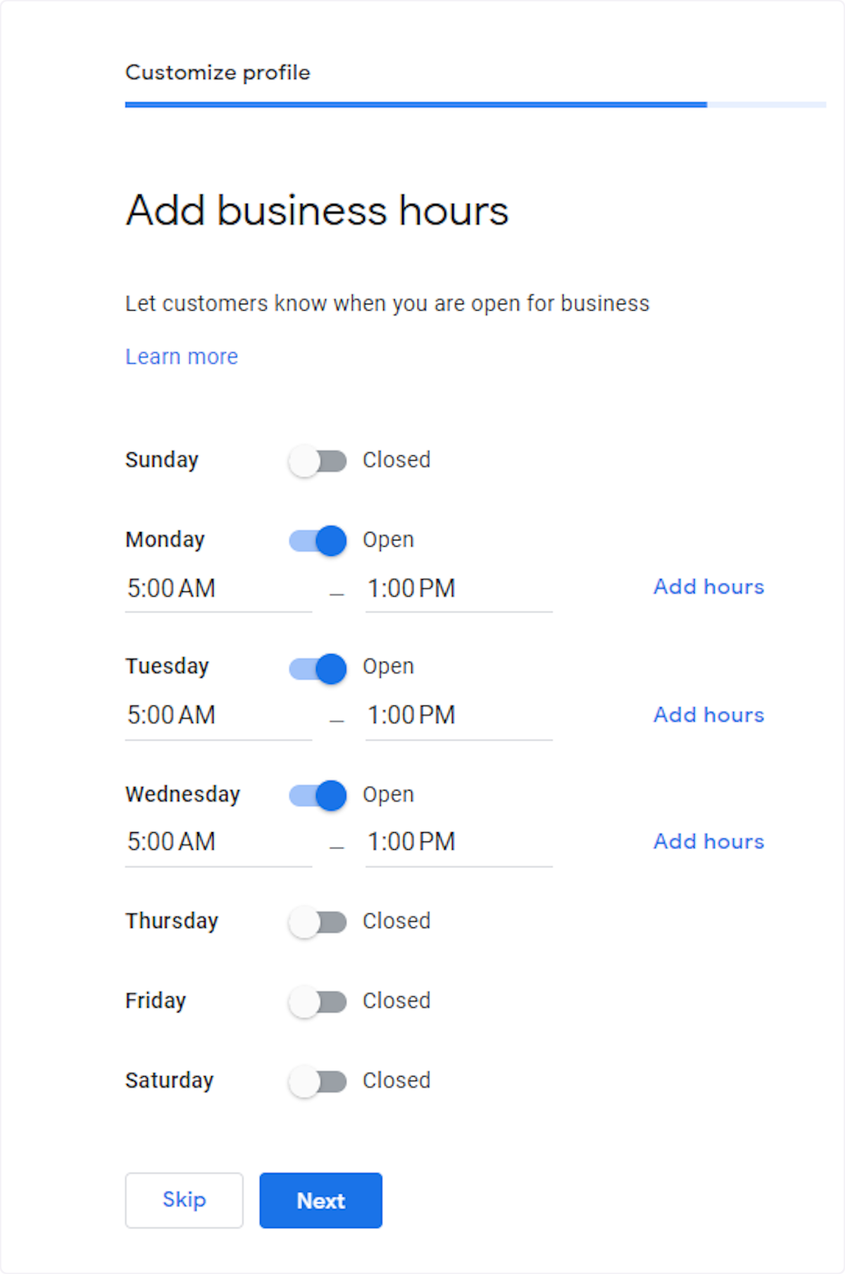 Optional: Add business hours