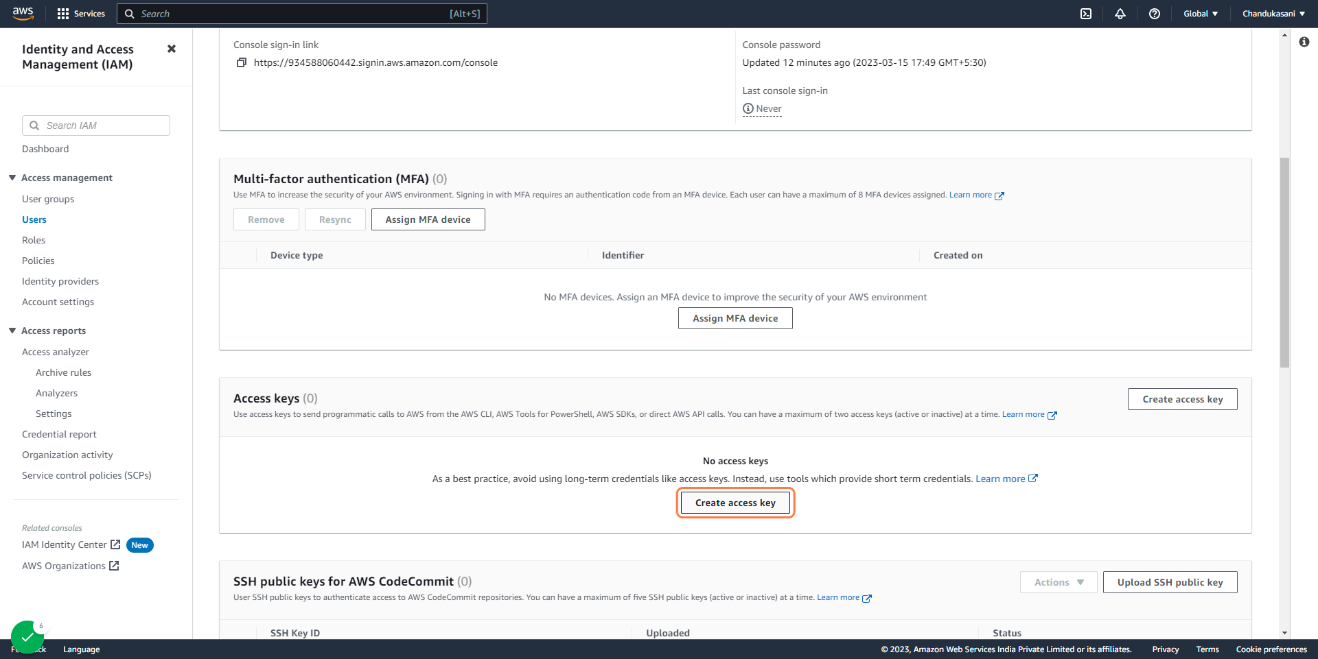 Click on Create access key