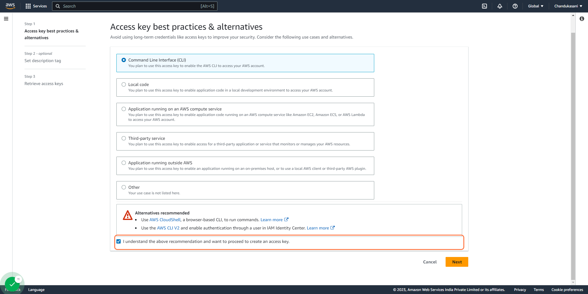 Check I understand the above recommendation and want to proceed to create an access key.
