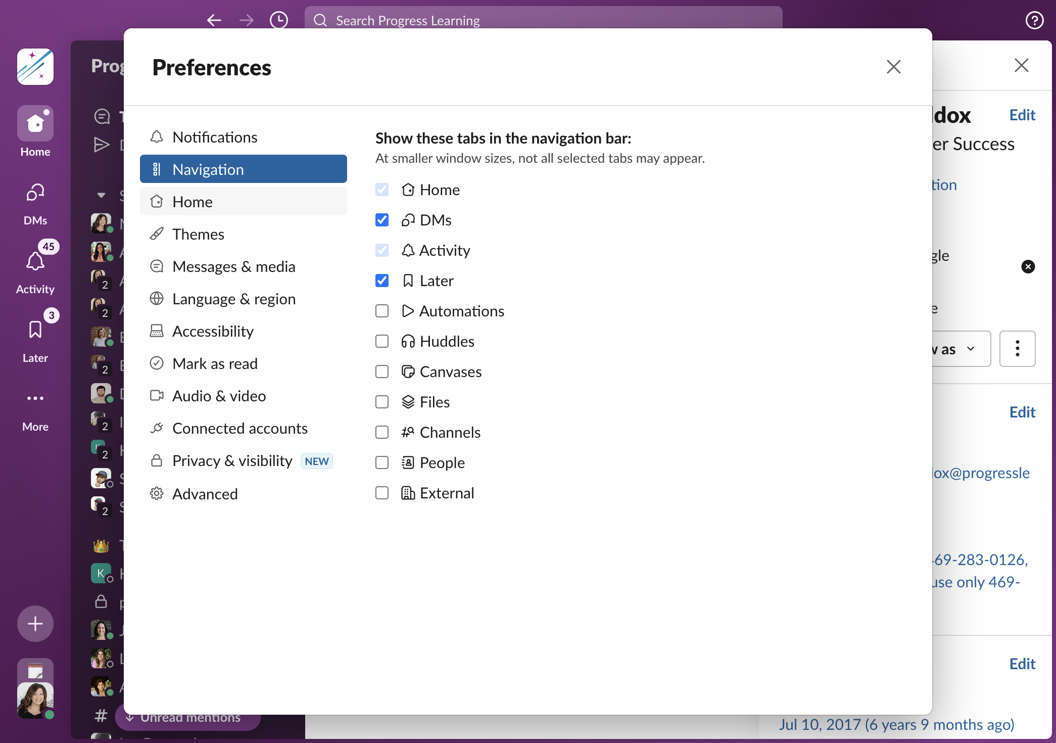 Click through the preference options in the left-side navigation panel