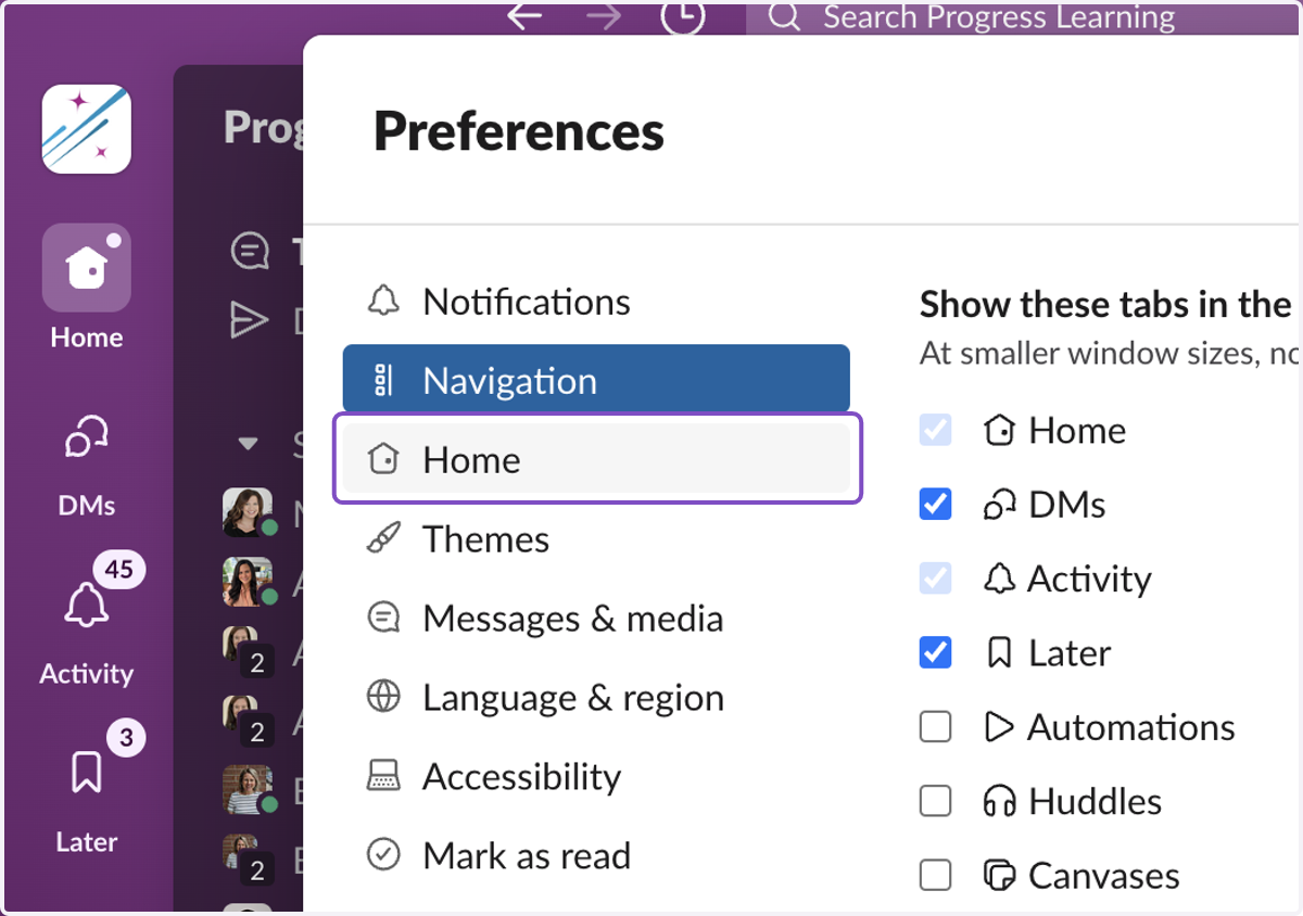 Click through the preference options in the left-side navigation panel