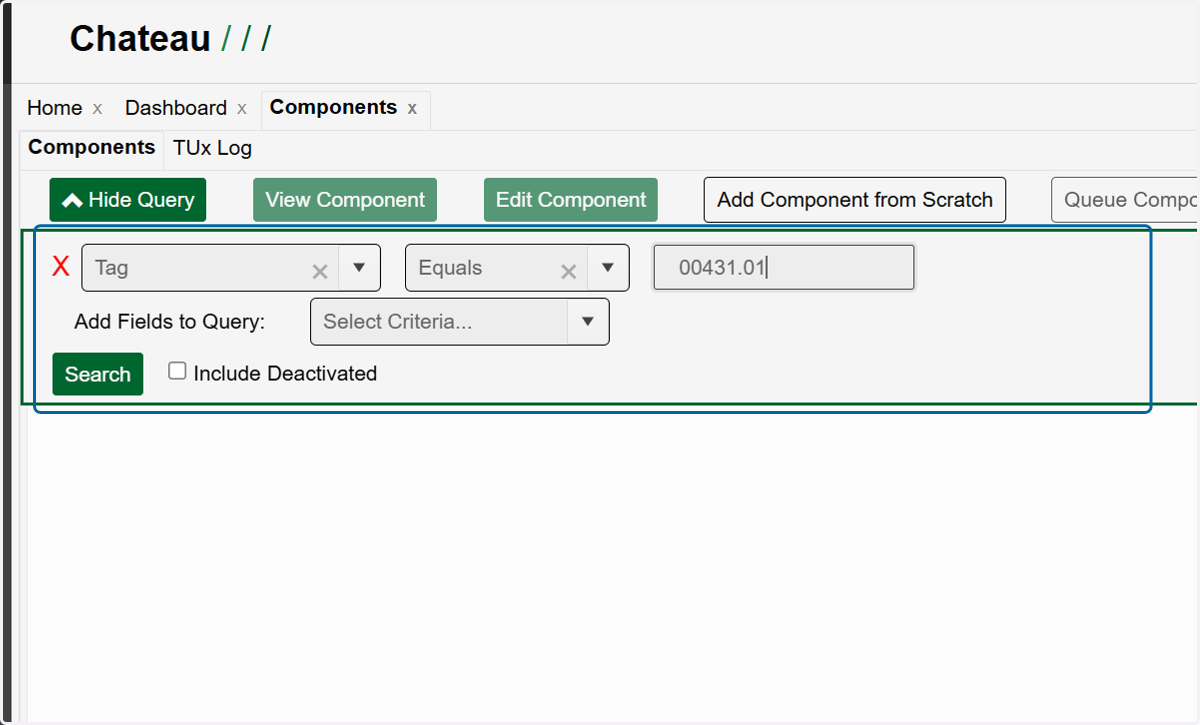 Utilize the query builder to find the component to which you want to add the inspection.