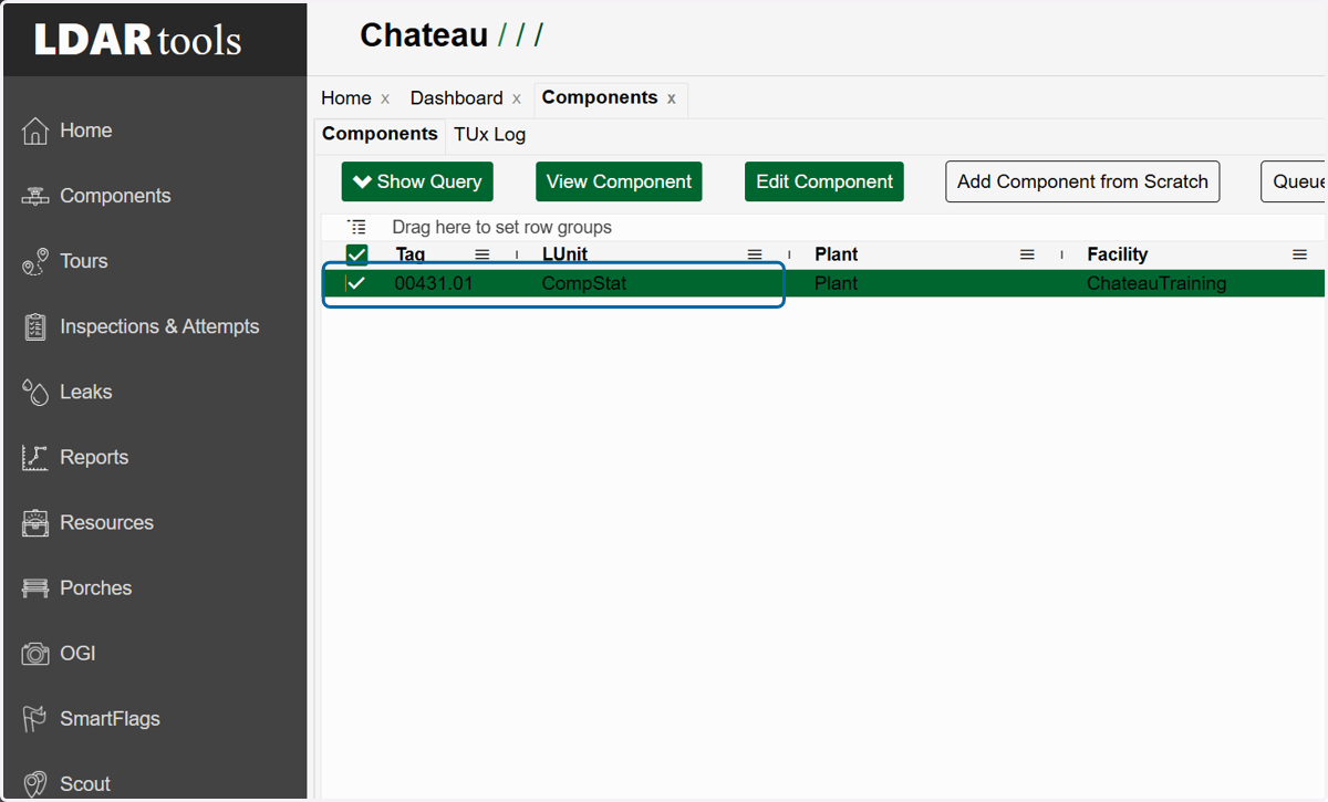 Select the row with the component you want.