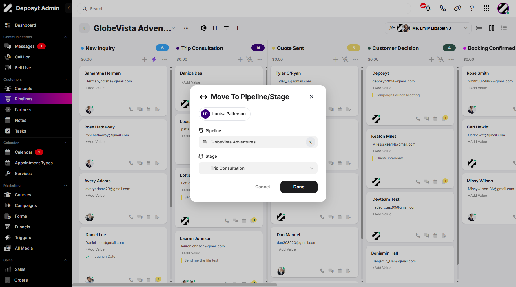 Step 4: A pop-up window will appear, allowing you to configure the transfer action. You can select a new pipeline as the destination, or keep the contact in the same pipeline and move them to a different stage.