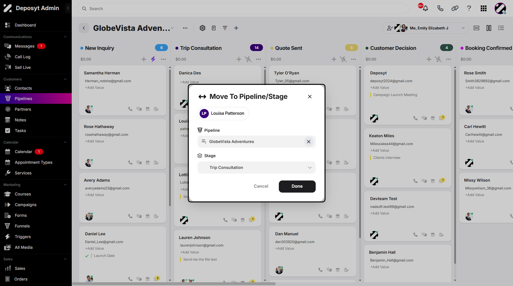 Step 4: A pop-up window will appear, allowing you to configure the transfer action. You can select a new pipeline as the destination, or keep the contact in the same pipeline and move them to a different stage.