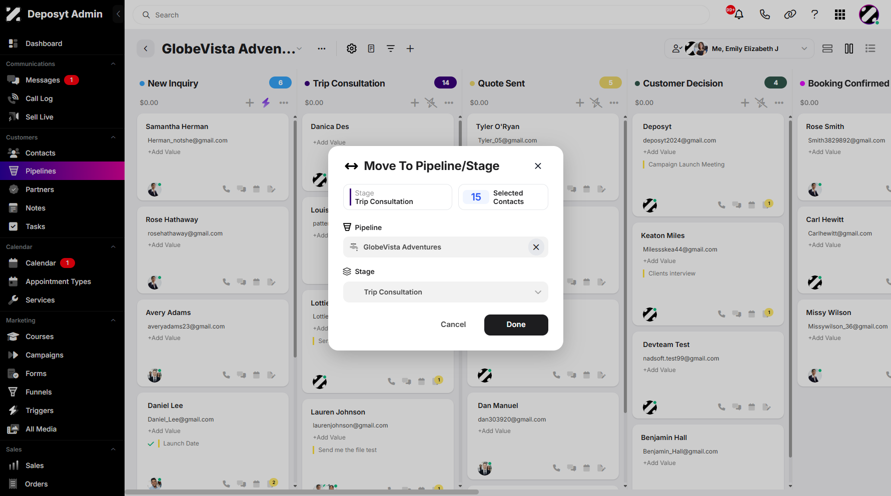 Step 7: A new pop-up window will appear, prompting you to select a pipeline destination or a stage. You can also view the total number of selected contacts at the top right-hand corner. Once you’ve finished configuring, click Done to save your changes.