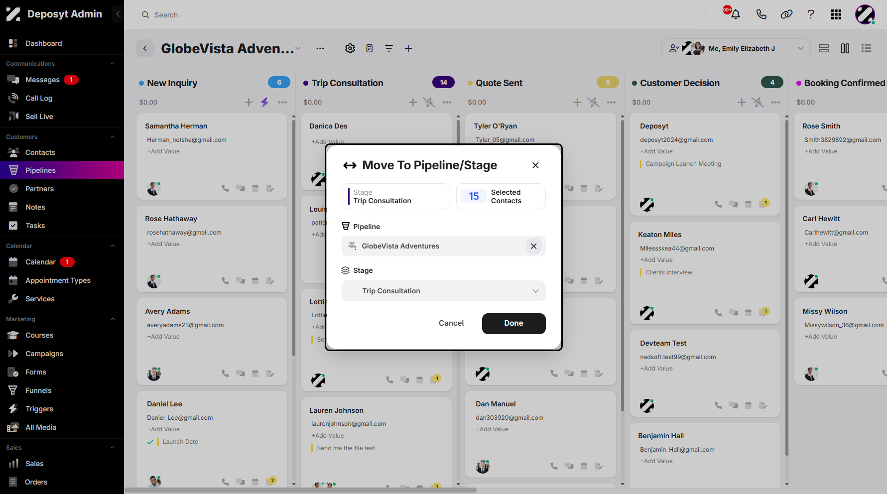 Step 7: A new pop-up window will appear, prompting you to select a pipeline destination or a stage. You can also view the total number of selected contacts at the top right-hand corner. Once you’ve finished configuring, click Done to save your changes.
