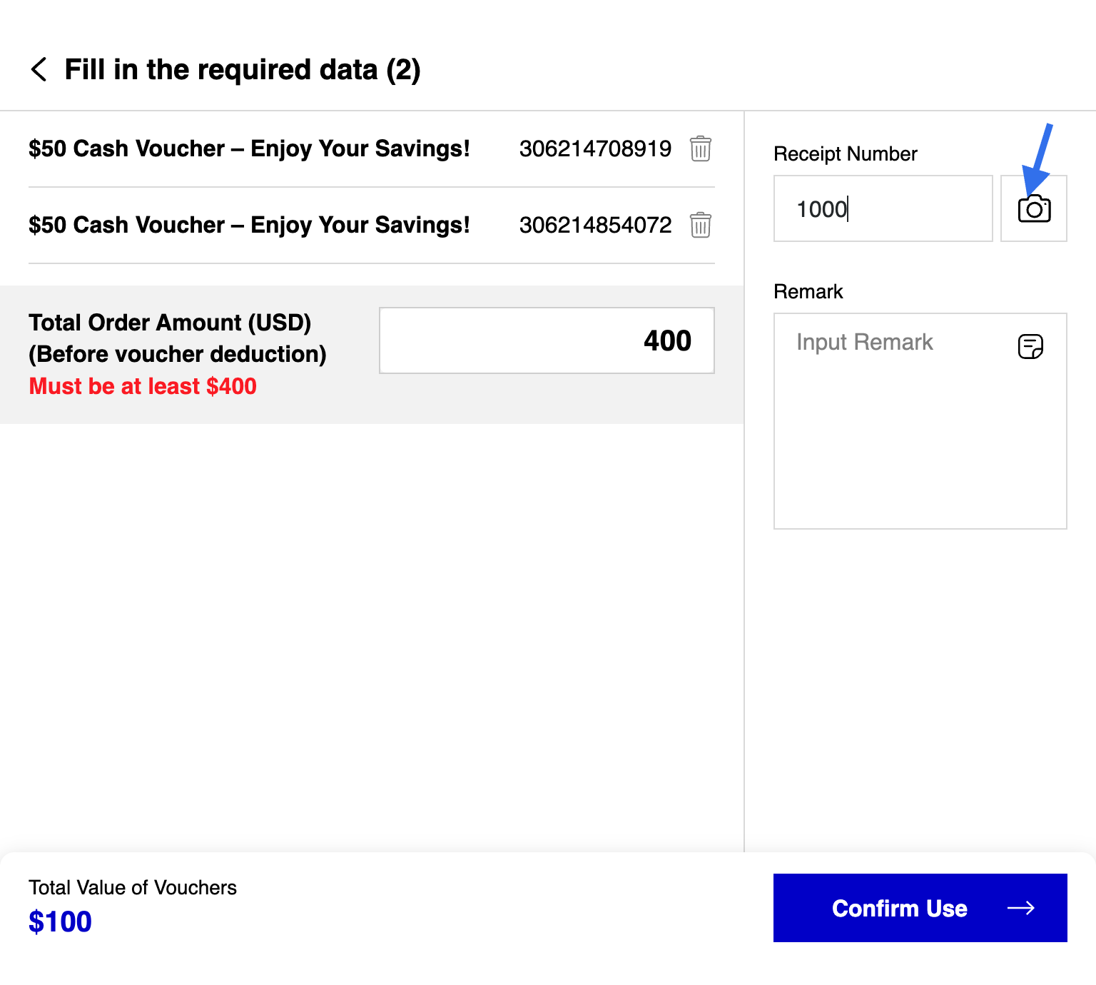 A. Input Total Order Amount before Voucher Deduction (only applicable for Cash Voucher) B. Enter the Receipt Number. This field is mandatory. Click on Camera icon to upload the receipt for a record if needed.