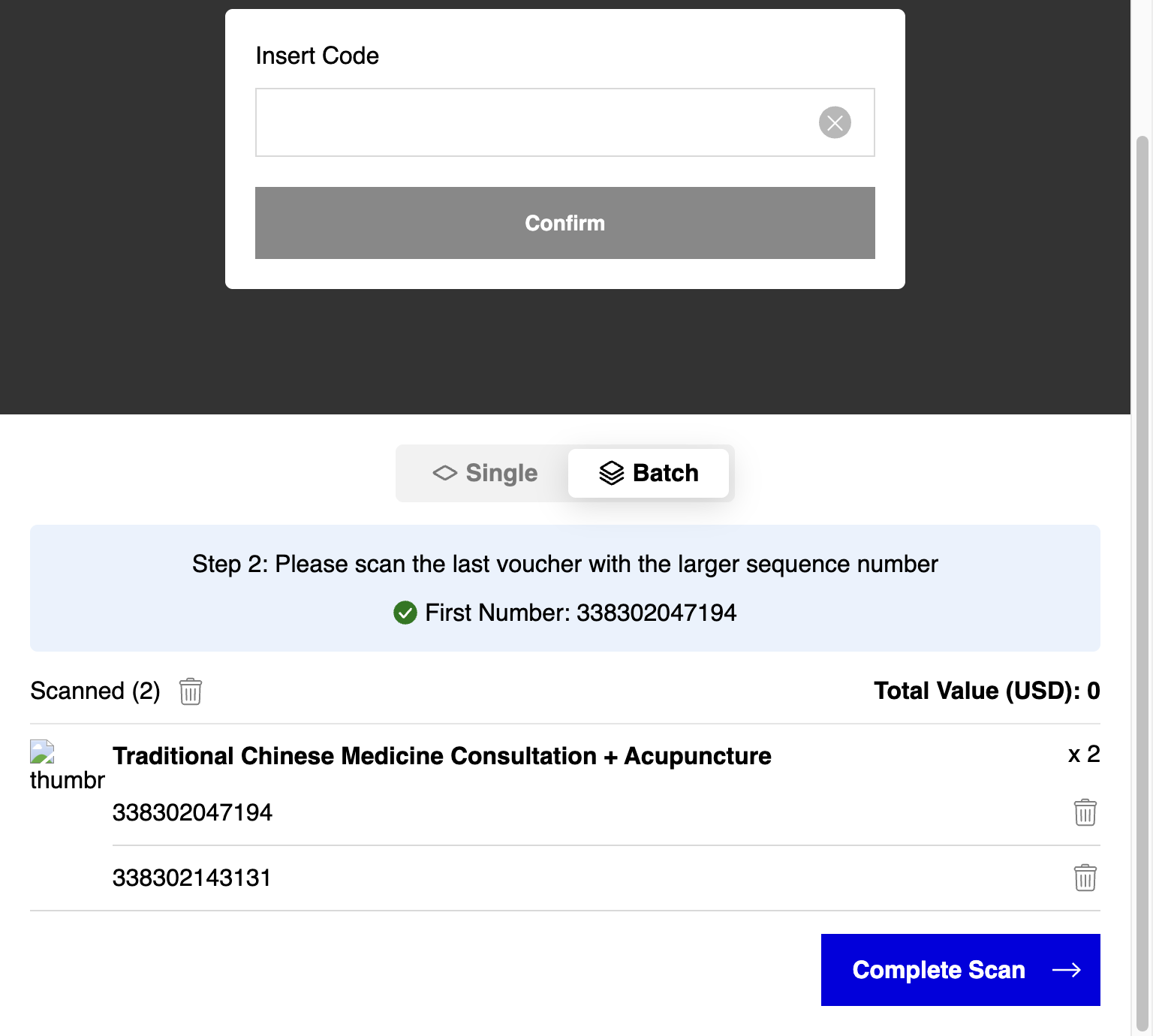 A. Check the Voucher Information B. Click on Complete Scan
