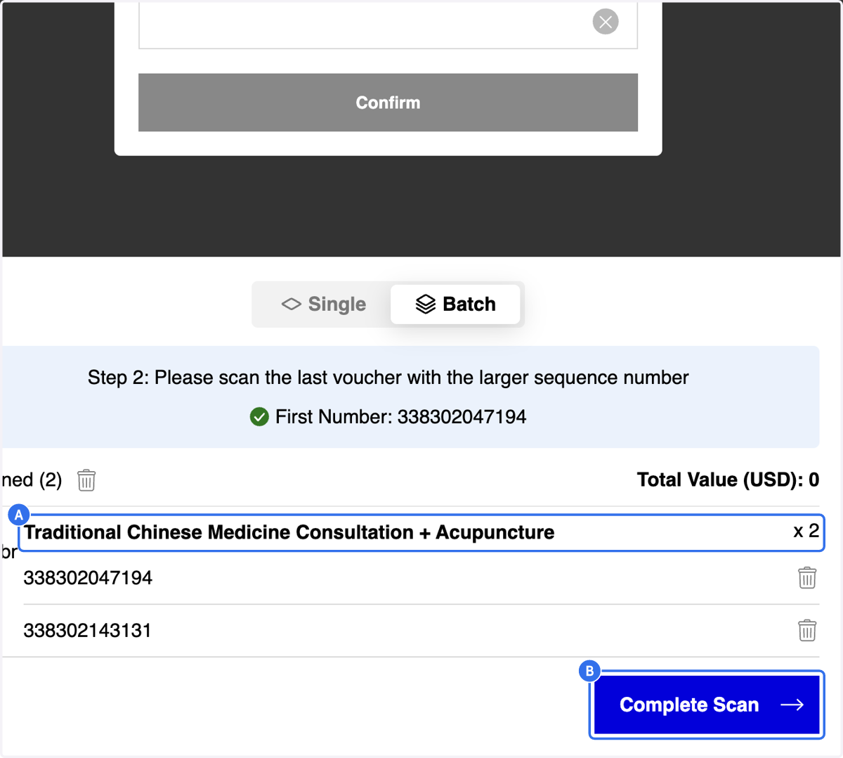 A. Check the Voucher Information B. Click on Complete Scan