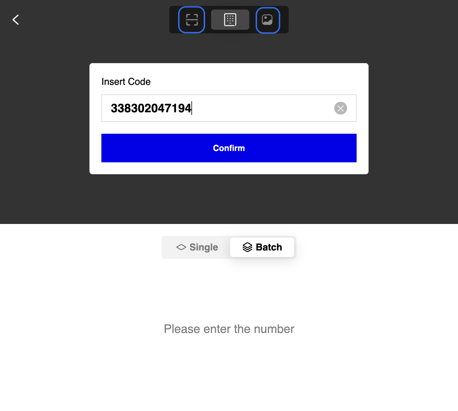 A. Select Single for 1 Voucher Search B. or Select Batch for Bulk Voucher Search C. You may activate the voucher by using the [Scan feature] to scan a QR code/ [Insert Code] entering the code directly/ [Image/File] uploading a QR image/file D. [Inser