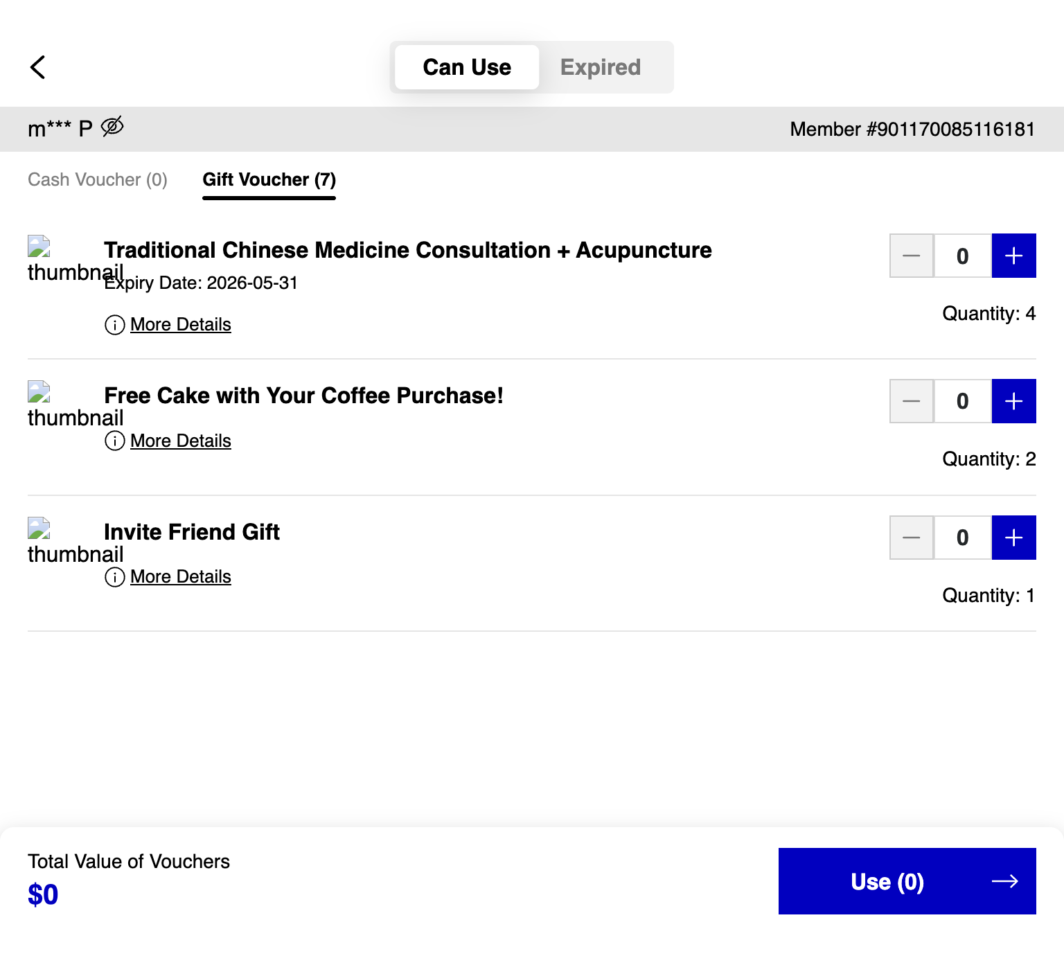 A. Select the Voucher Type that the member wants to use B. Click on Cash Voucher / Gift Voucher C. Add the Voucher Quantity
