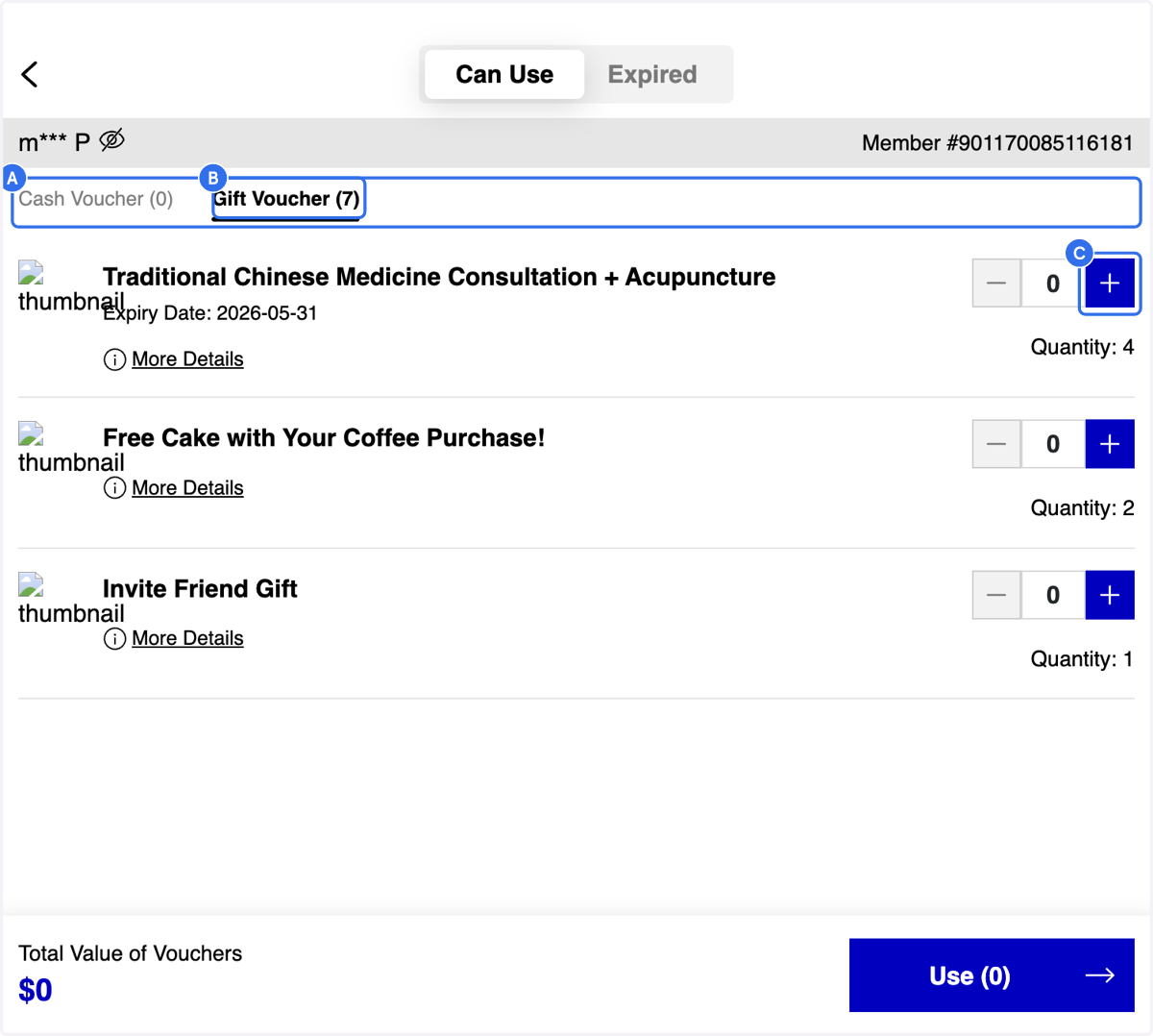 A. Select the Voucher Type that the member wants to use B. Click on Cash Voucher / Gift Voucher C. Add the Voucher Quantity