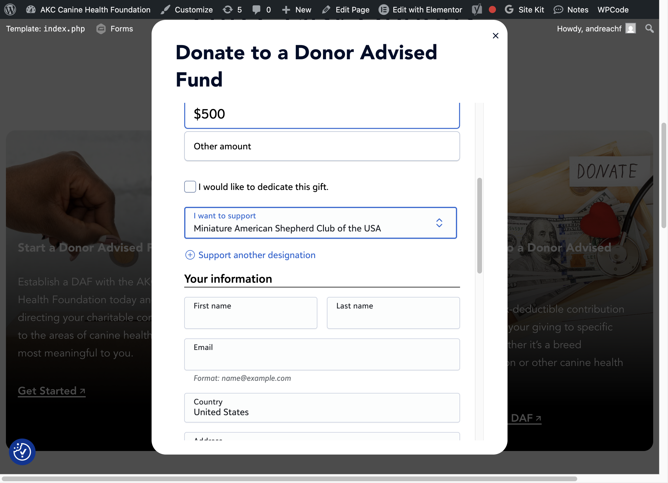A. Select Donate to a Donor Advised Fund B. Select I want to support