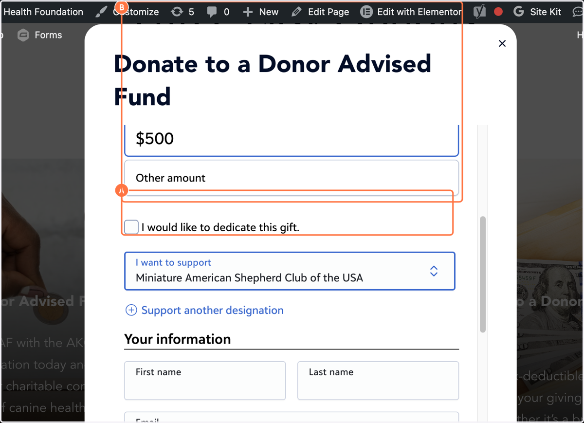 A. Select Donate to a Donor Advised Fund B. Select I want to support