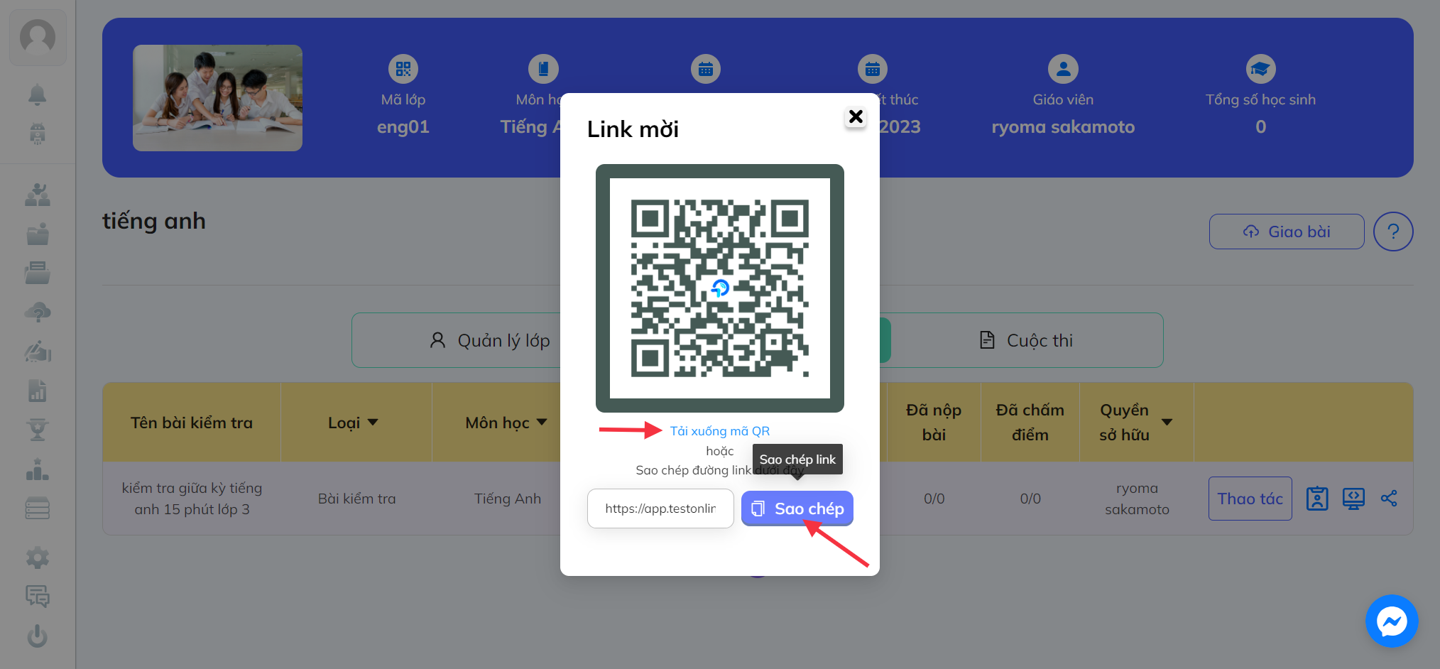 có thể tải xuống mã QR code hoặc copy đường link để gửi cho học sinh