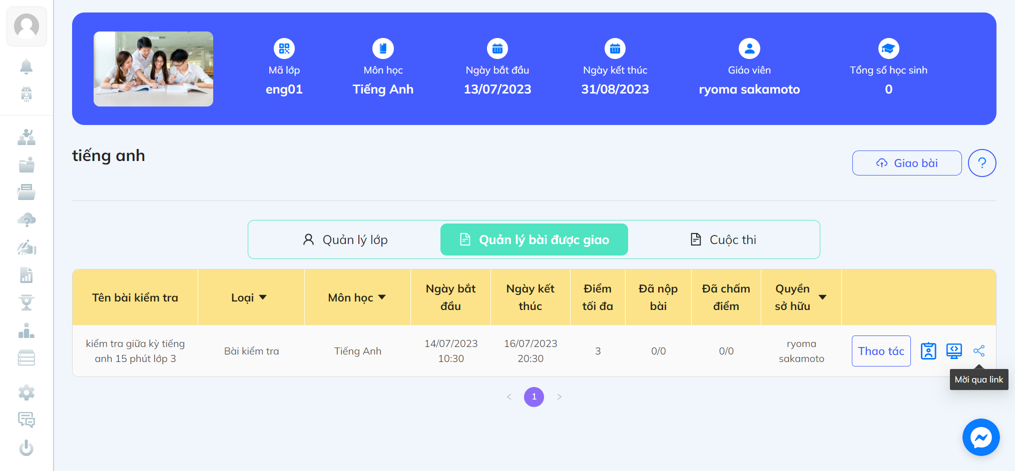 Có thể gửi đề bài cho học sinh qua link trực tiếp bằng cách nhấn vào biểu tượng mời qua link (lưu ý học sinh nhấn vào link cần tạo tài khoản trên testonline để làm bài).
