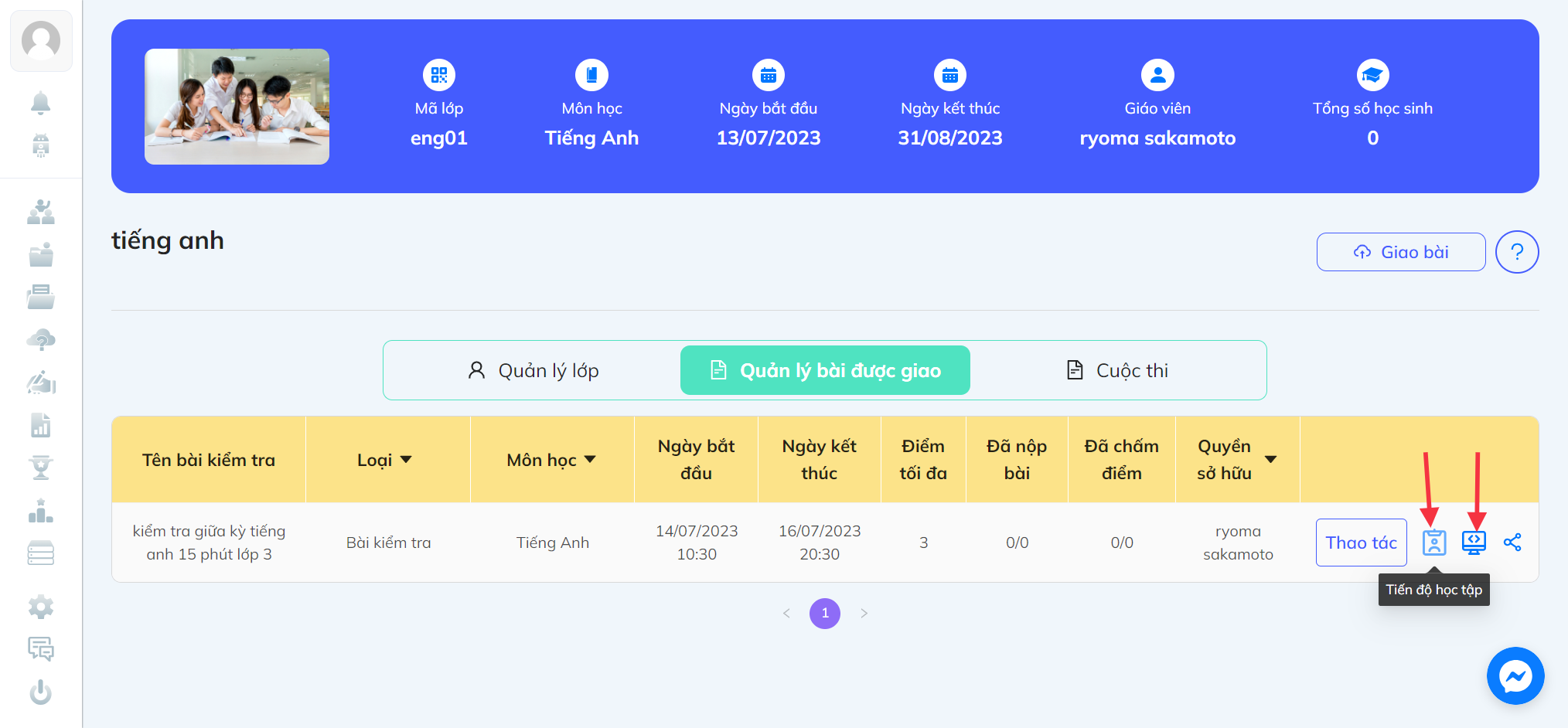 Ngoài ra có thể kiểm tra kết quả trong phần tiến độ học tập và báo cáo kết quả kế bên nút thao tác
