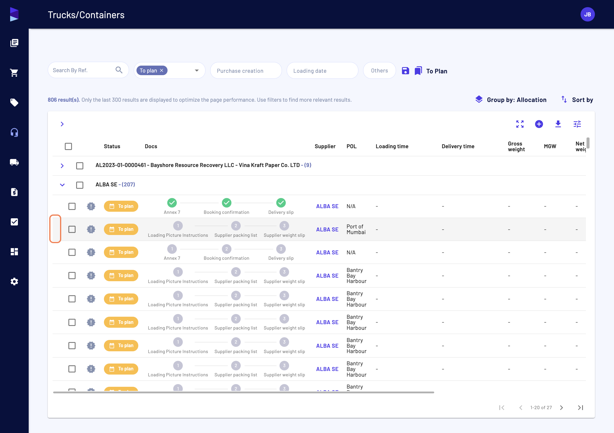 In the "Trucks/Containers" page, select any given line to open its drawer