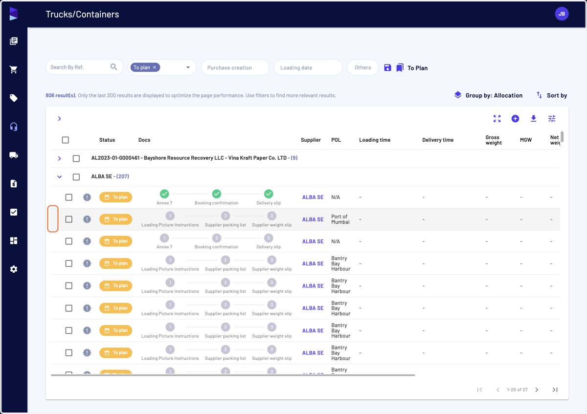 In the "Trucks/Containers" page, select any given line to open its drawer