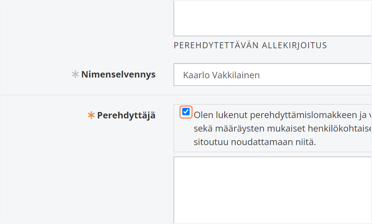 Vahvista valinta ja ja lisää perehdyttäjän allekirjoitus.